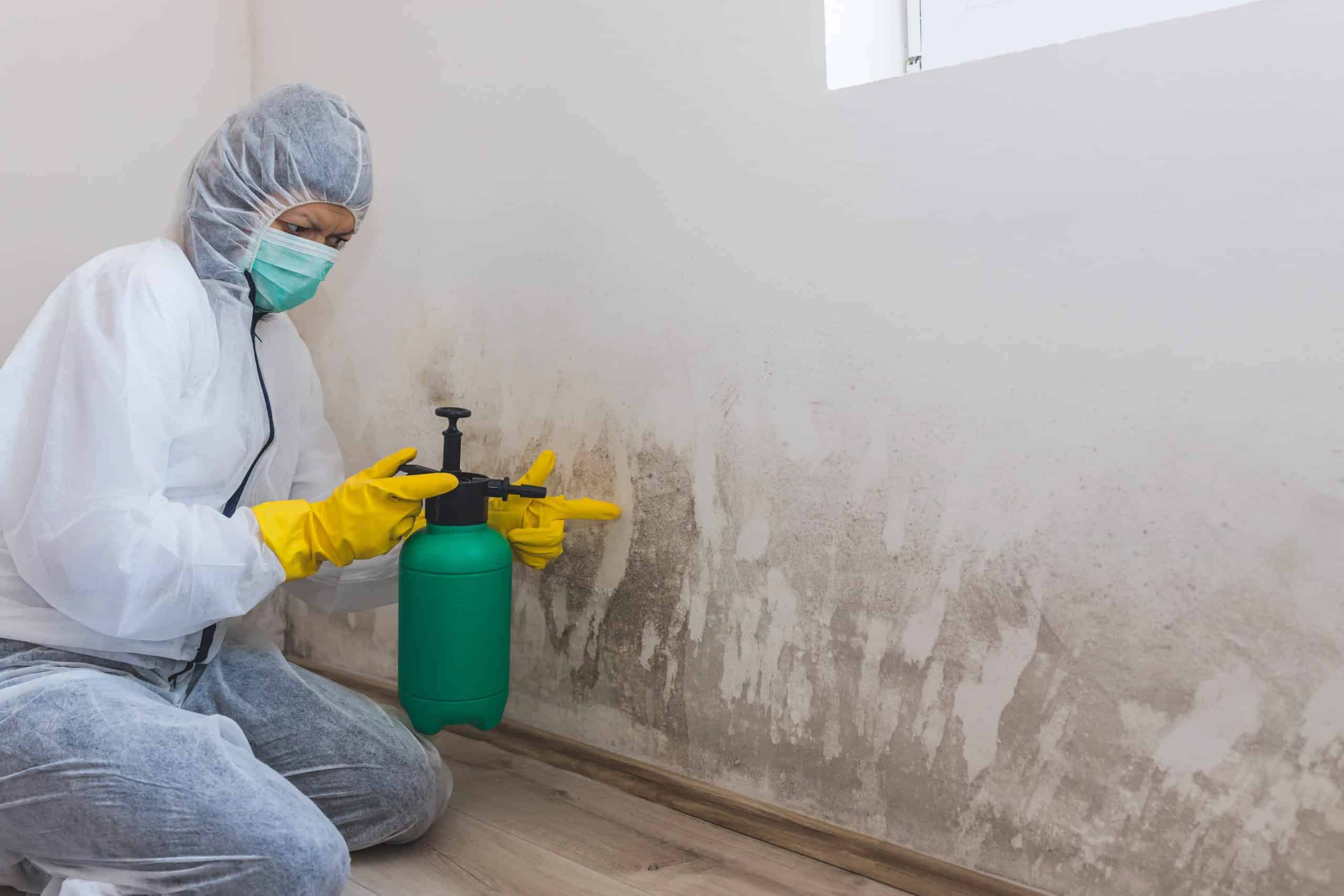 A person in protective gear, including a mask, gloves, and coveralls, sprays a chemical on a wall covered in mold inside a room with wood flooring.