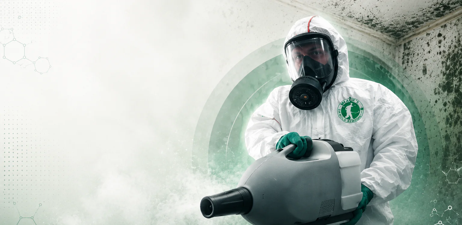 Hazmat worker in protective gear disinfecting a room for professional cleaning and sanitation in Bucks County, Pennsylvania.
